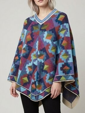 Geometric Patterned Multicolor Poncho Size Large